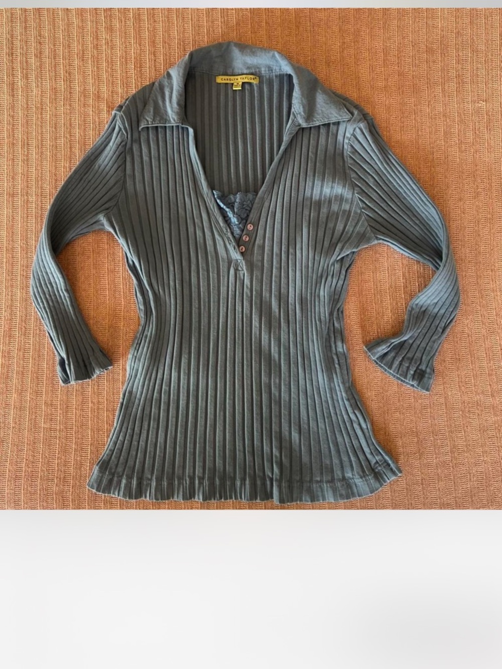 Ribbed V-Neck Long Sleeve Top in Gray